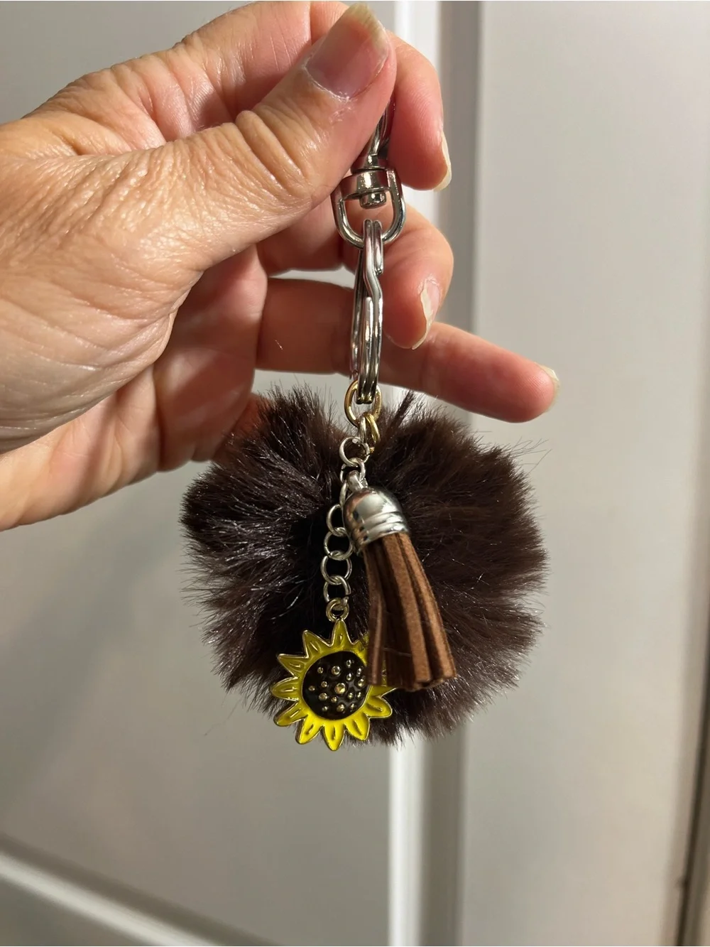 Faux Fur Pom Pom Keychain with Sunflower Charm - Brown